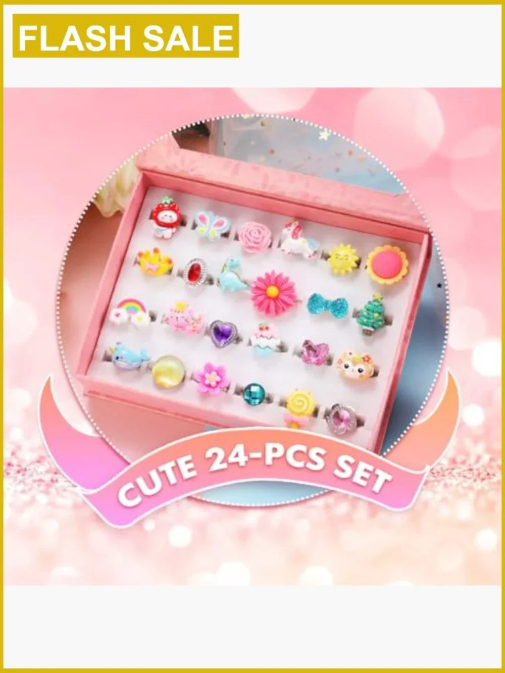 24 Adjustable Dress Up Rings in Gift Box, Pretend Play Jewelry Set